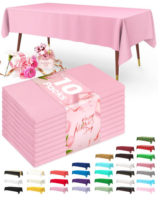 Pureegg Plastic Table Cloth Disposable 10 Pack, 54 x 108 Inch Table Cloths, Easter Party, Valentines, Mothers Day Decorations, Tablecloths, Rectangle, Pastel Plastic Cover, Leakproof & Sturdy, Pink