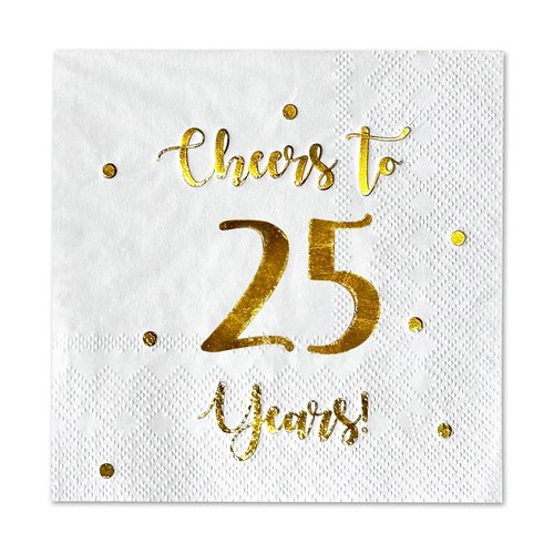 Cheers to 25 Years Cocktail Napkins | Happy 25th Birthday Decorations for Men and Women and Wedding Anniversary Party Decorations | 50-Pack 3-Ply Napkins | 5 x 5 inch folded (White)