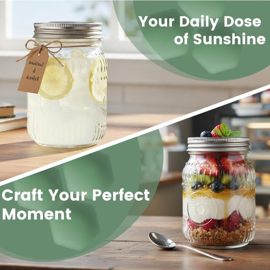 16oz Mason Jars with Airtight Rust-Proof 304 Stainless Steel Lids and Bands, 4 Pack with Elegant Sunflower Embossing, Pint Glass Jars for Meal Prep, Pickling, Overnight Oats, Dry Food & DIY Crafts
