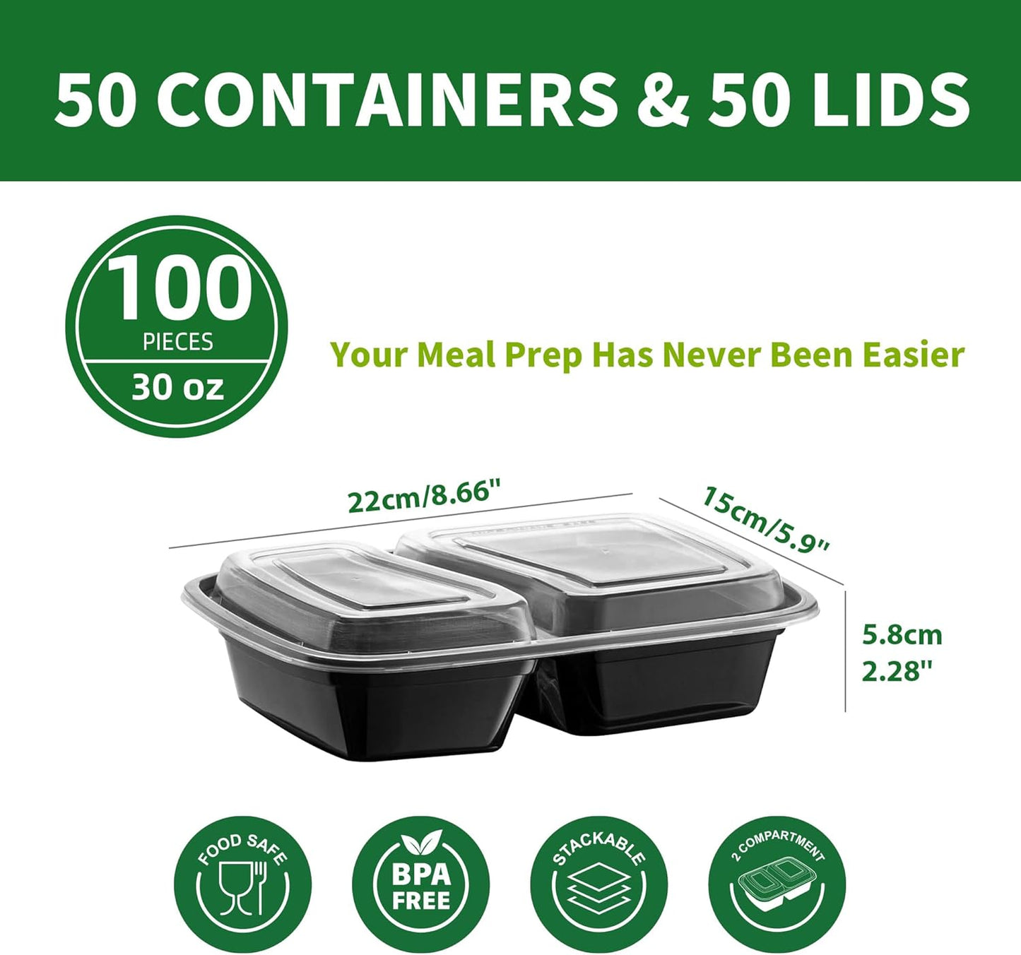 Meal Prep Containers 50 Pack | 30oz 2-Compartment BPA-Free Disposable Food Storage with Leakproof Lids