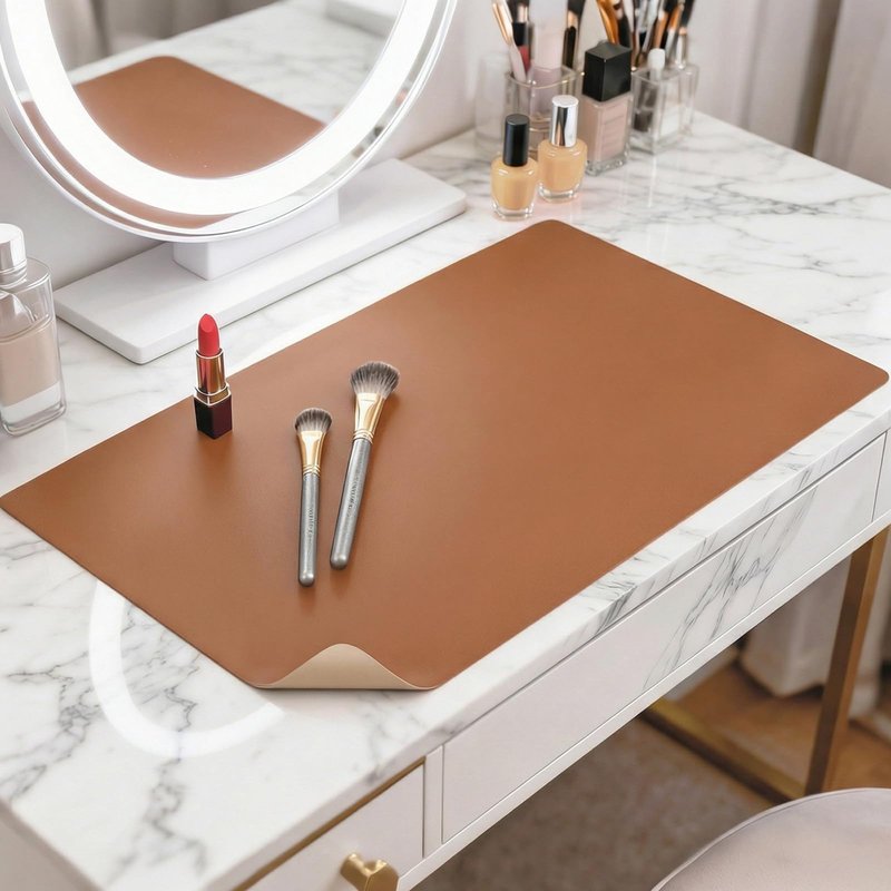 LovePads Makeup Mat for Vanity, 14 x 24 Dual-Sided Desk Pad & Vanity Cover Top, Waterproof PVC Protector Mat for Dresser, Nail Art, Craft Table (Brown+Beige)