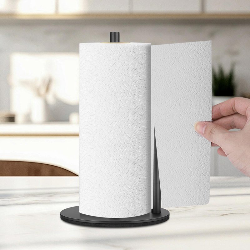 Paper Towel Holder, Standing Paper Roll Holder, Freestanding Paper Towel Holder with Weighted Base, Premium Stainless Steel Kitchen Roll Dispenser in Black