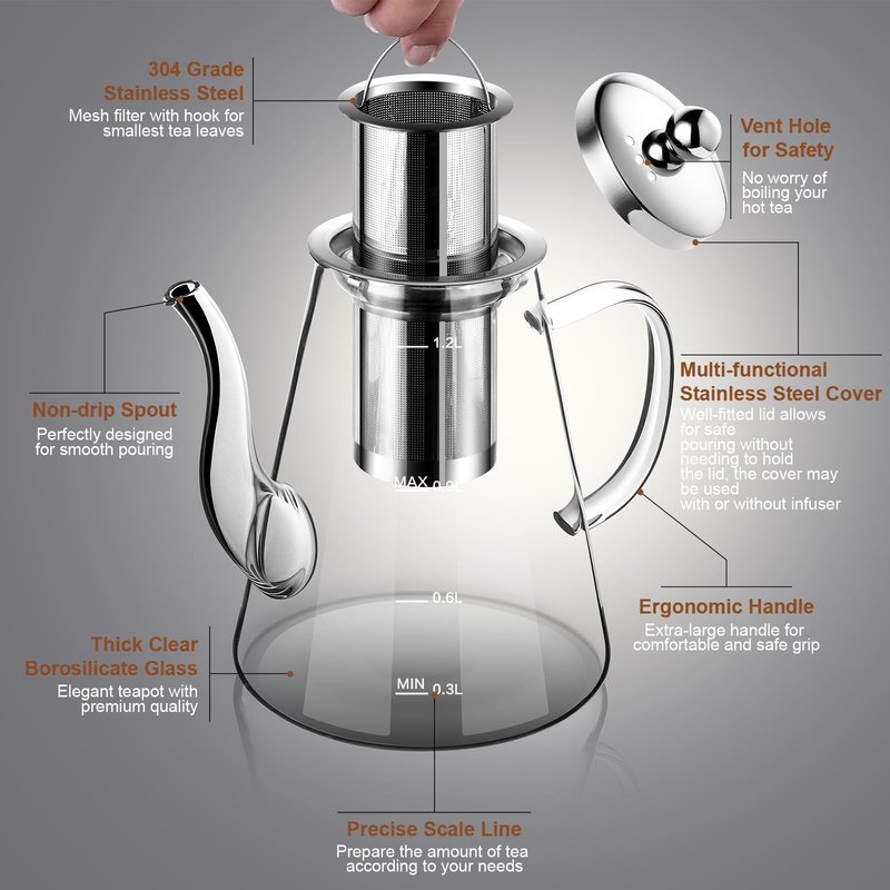 Zpose Glass Teapot, 1200ml (40oz) Tea Pot with Infuser for Loose Tea and Blooming Tea, Stovetop Safe Tea Kettle, Hand Crafted Borosilicate Glass Tea Maker with Scale Line, Tea Gift Set for Tea Lovers