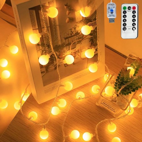 FATONESA Globe String Lights, 32.8 FT 80 LED USB Powered Waterproof Timer 8 Modes Fairy String Lights with Remote for Bedroom Christmas Party Patio Garden Indoor Wedding Decor, Warm White, 10M