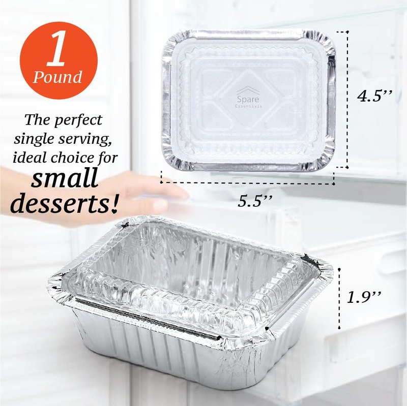 (55 Pack) 1 Lb Aluminum Pans with Lids, Disposable Baking Foil Containers, Takeout Food Storage, Freezer - Mini Foil Pans with Clear Lids for Restaurants & Catering - Size 5.5x4.5x1.9 Spare Essentials