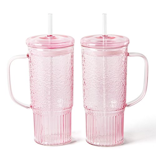 GOSCHE Glass Cups with Lids and Straws, 24oz Glass Tumbler with Straw and Lid, Iced Coffee Cups with Handle for Smoothie Juice Water Tea, Pink, 2 Pack