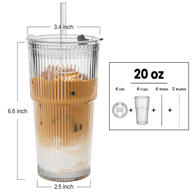 TUZAZO 20 Oz Ribbed Glass Tumblers with Lids and Straws - 4 Pack Reusable Glass Coffee Cups with Straws and Lids, Thicken Glass, Ideal for To Go Iced Coffee