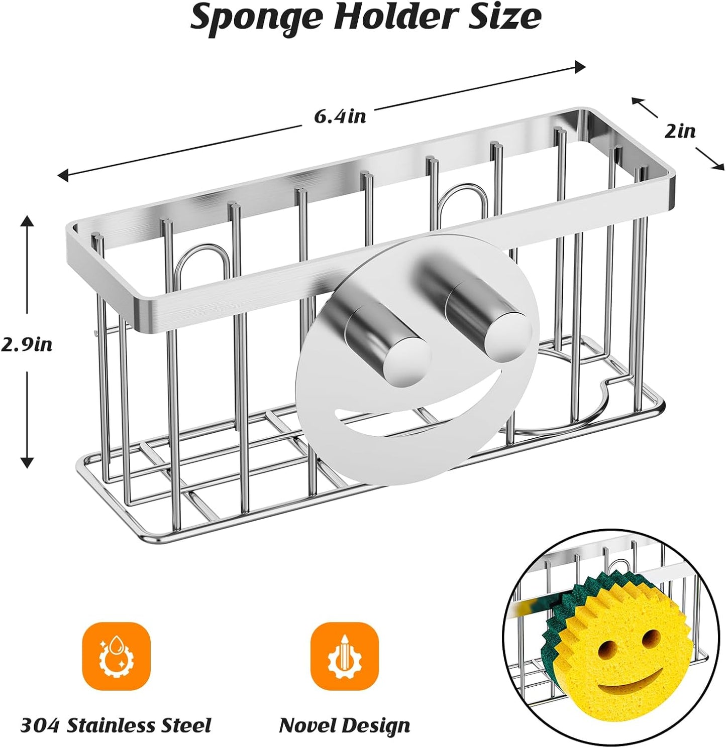 MURLONG Sponge Holder - Smiley Face Sink Caddy with 2 Suction Cups & Adhesive Strip | Silver