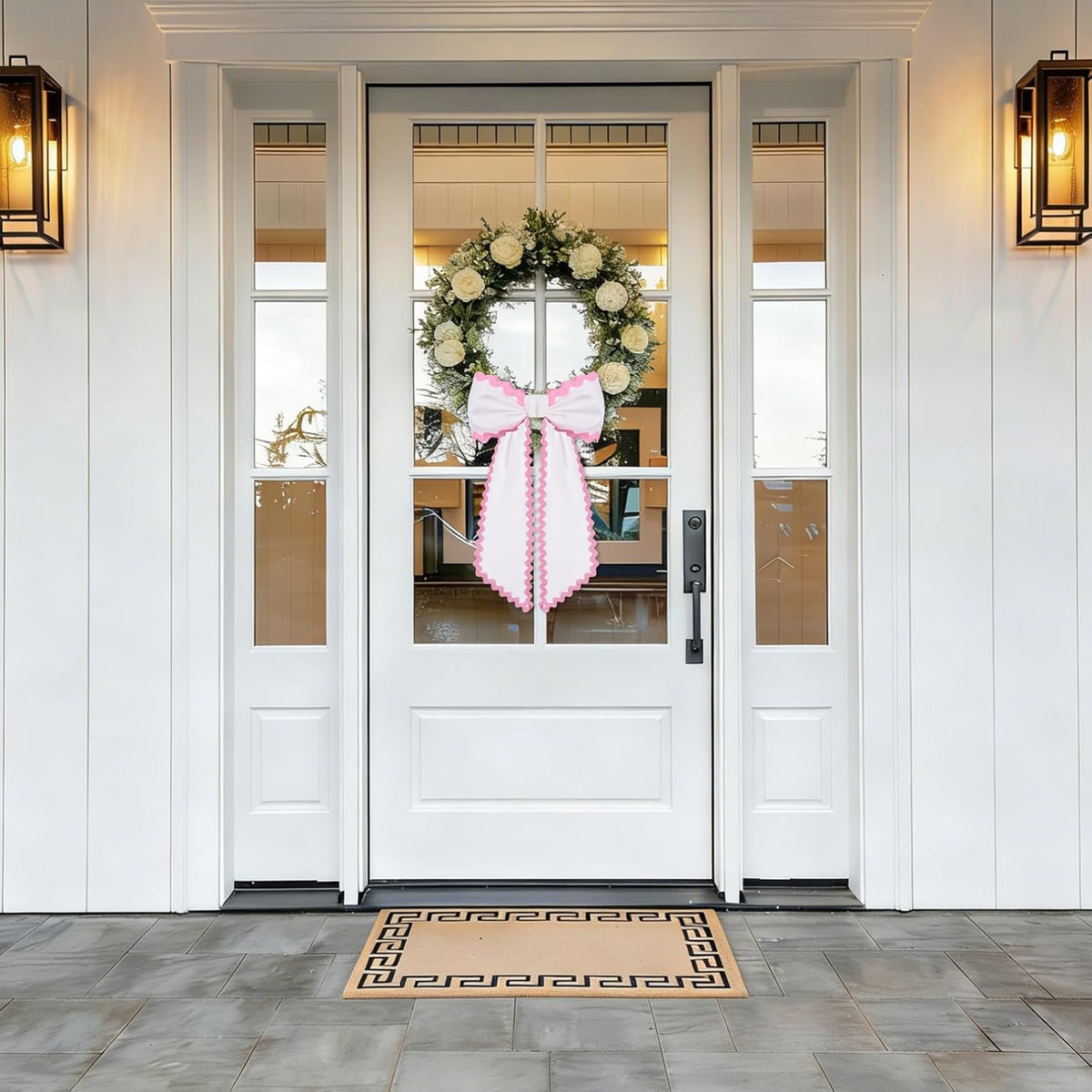 Skiennix Scalloped Wreath Sash - Elegant Ruffle Ribbon Bow for Front Door Decor | 2 Pcs Set in White & Pink