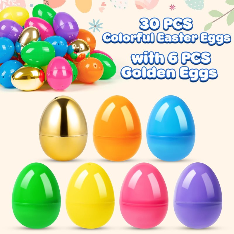 Duchong 36 Count 3.15" Plastic Easter Eggs, 30 Pcs Empty Suprise Eggs 6 Pcs Golden Eggs Bulk, Fillable Eggs with Hinge for Easter Hunt, Basket Stuffers Fillers, Easter Party Favor Decorations