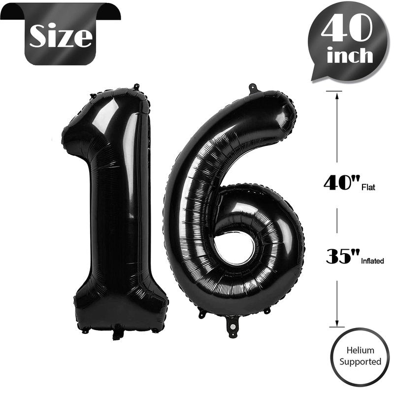 Black Number 16 Balloon 40 inch, 16 Number Balloons, 16th Black Birthday Decorations, 16 Year Old Girls Boys Party Supplies