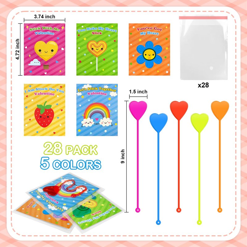 Valentines Day Cards with Hearts Sticky Hand Toys for Kids Class,28 Pack Valentine Exchange Cards & Slappy Sticky Hands Gifts for Preschool,Non Candy Party Favors,Classroom Treats Prizes for Boys Girl