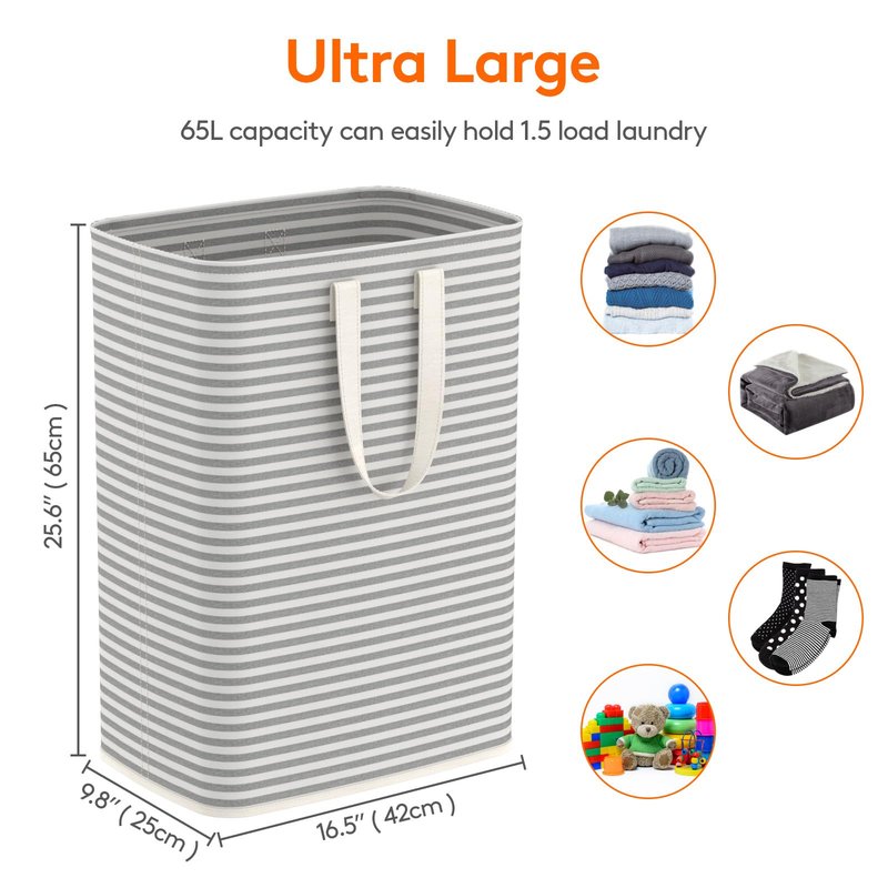 Lifewit 1 Pack Laundry Basket 65L Each, Collapsible Clothes Hamper with Reinforced Handles, Freestanding Waterproof Design for Bedroom and Laundry Room, Grey 65L Total