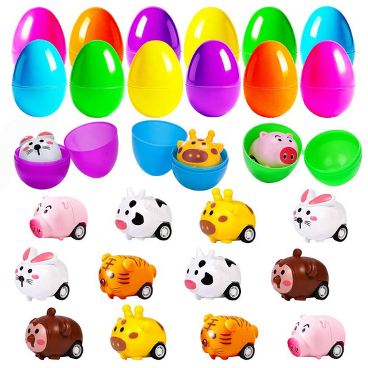 LIYROIUB 12 Pack Filled Easter Eggs with Animal Pull Back Car Toys - Surprise Toy Assortment for Easter Egg Hunts, Basket Stuffers & Party Favors | Easter Gifts for Kids Boys Girls