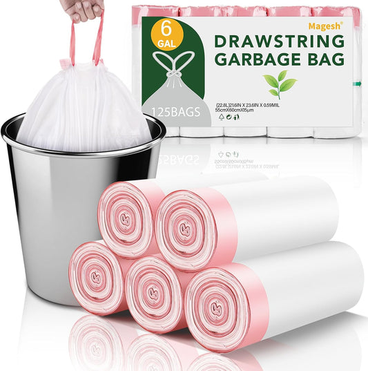 Magesh 6 Gallon Drawstring Trash Bags - Unscented White Kitchen Garbage Bags, 125 Count, Strong & Thick