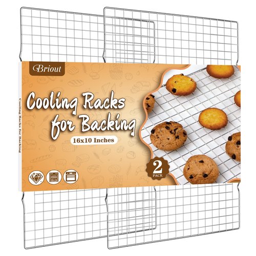 Cooling Rack for Baking 2-Pack, 16x10 Inches Baking Rack, Thick Wire Cookie Rack for Cooking, Roasting, Grilling, Drying, Oven Safe, Fits Half Sheet Pan, Silver