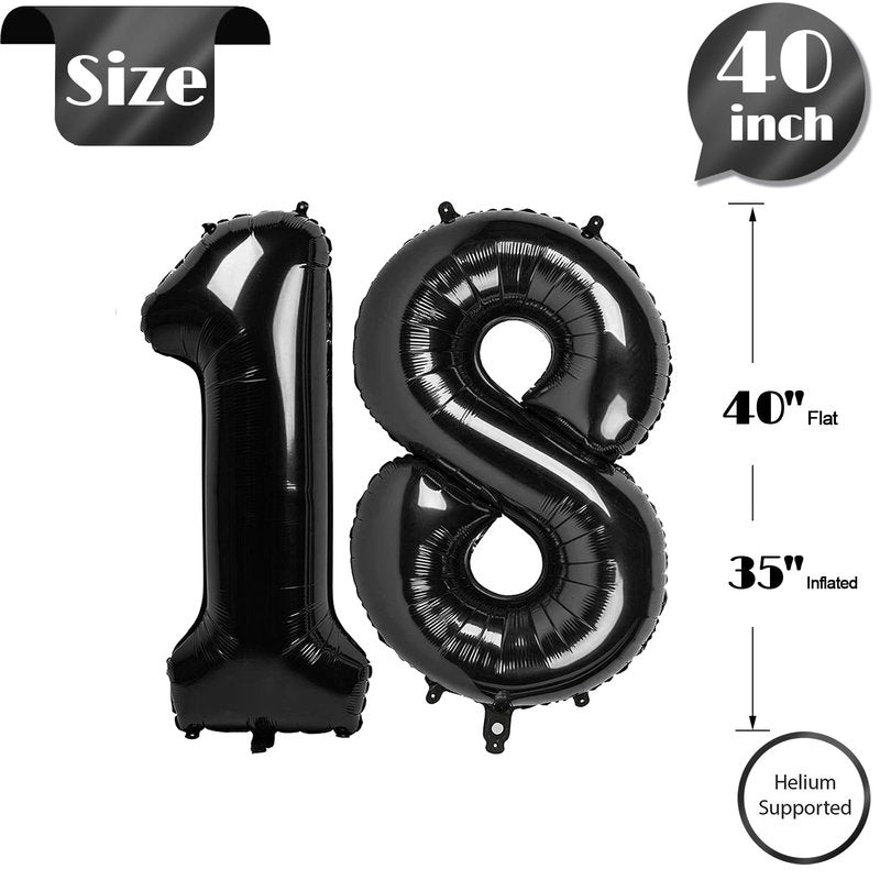 Black Number 18 Balloon 40 Inch, 18th Birthday Party Decorations for Children, Giant 18 Foil Balloon for Party Supplies
