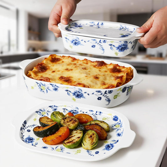 Skiennix Ceramic Casserole Dish Set - 4-Piece Bakeware with Lids | Oven & Microwave Safe, 13x8 & 9x6 Inch