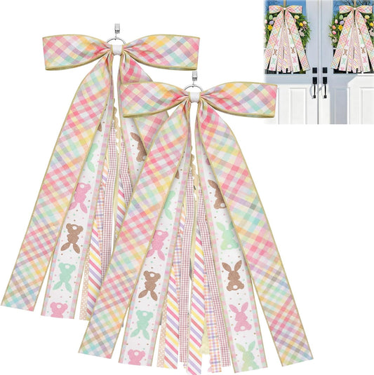 Suncalla Easter Ribbon Bows - Colorful Large Rabbit Decorations for Front Door & Wreath | 2 Pcs Set