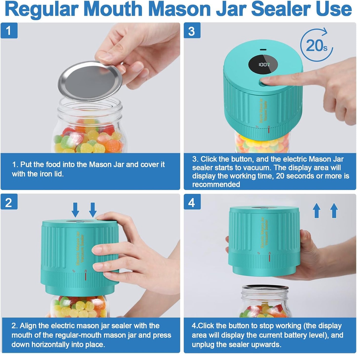 LOVE MOMENT Electric Mason Jar Vacuum Sealer Kit - Ideal for Wide & Regular Mouth Jars - Green