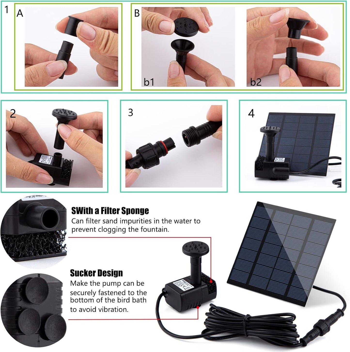 Skiennix Solar Fountain Pump Kit - 1.8W Upgraded Water Pump with 3M Cable & 4 Nozzles for Bird Bath & Garden
