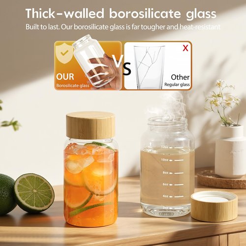 Freshmage 16 oz Borosilicate Glass Water Bottles (4 Pack) - High-Heat Resistant & Durable Wide Mouth Reusable Bottles with Bamboo Lids, Leak Proof for Juicing, Smoothies, Beverage Storage, BPA-Free