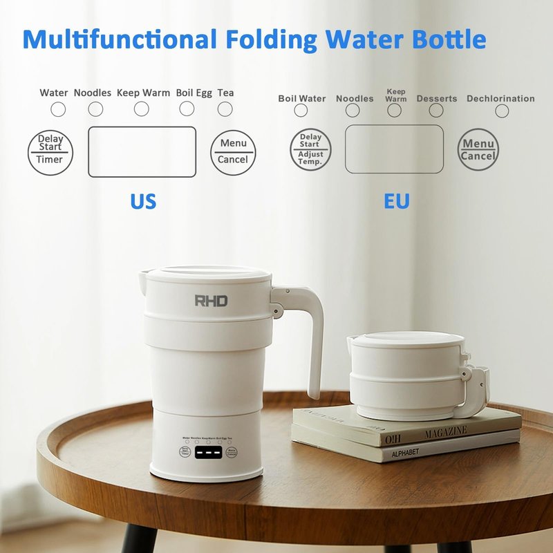 Travel Foldable Electric Kettle, 700ML Hot Water Kettle with Multifunctional Panel, Collapsible Small Boiling Water Kettle with Keep Warm & Delay Start, BPA-Free, 600W, 304 Stainless Steel, White