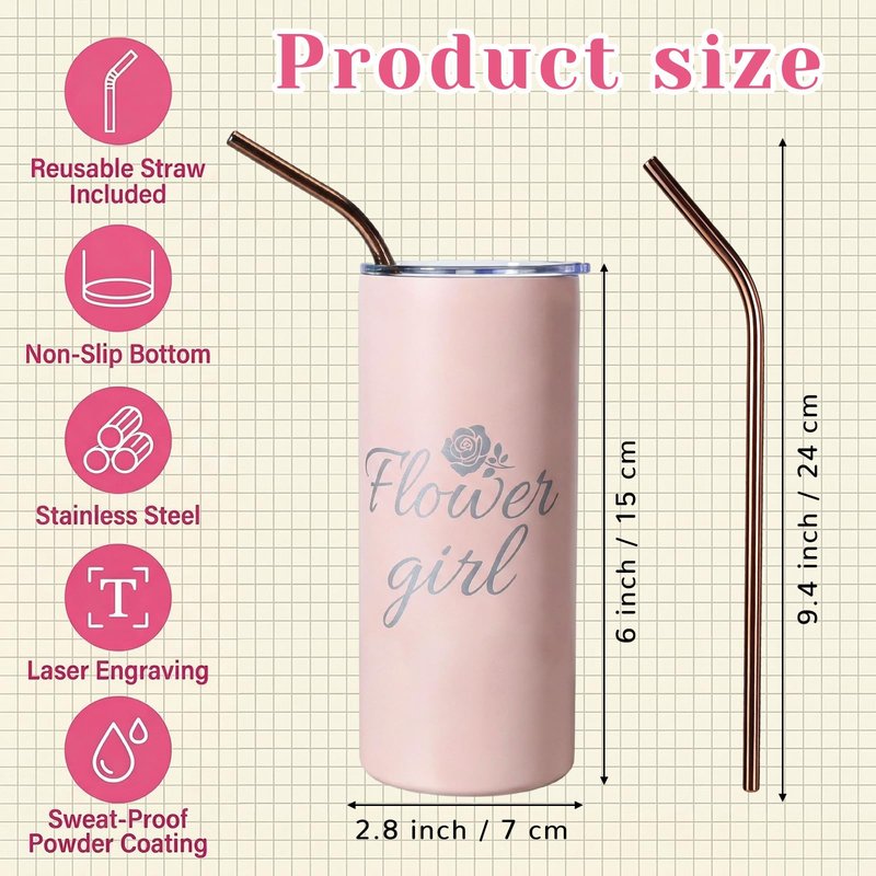 UzYlquw 2 Pcs Flower Girl Gift and Ring Bearer Tumbler Set, 16 oz Stainless Steel Insulated Water Bottle with Lids and Straws, Wedding Proposal Gifts for Bridal Party Favors