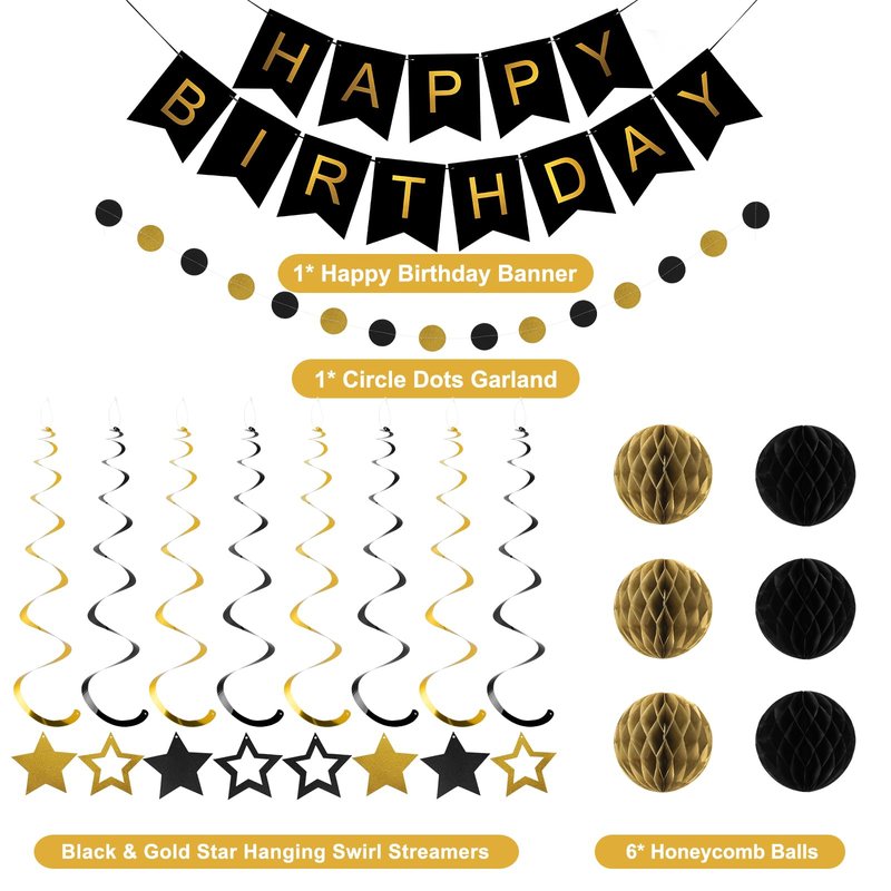 meowtastic Birthday Decorations, Happy Birthday Banner with Honeycomb Balls, Star Hanging Swirl Streamers, Circle Dot Garland, Happy Birthday Party Decorations for Women Men Boys Girls (Black & Gold)