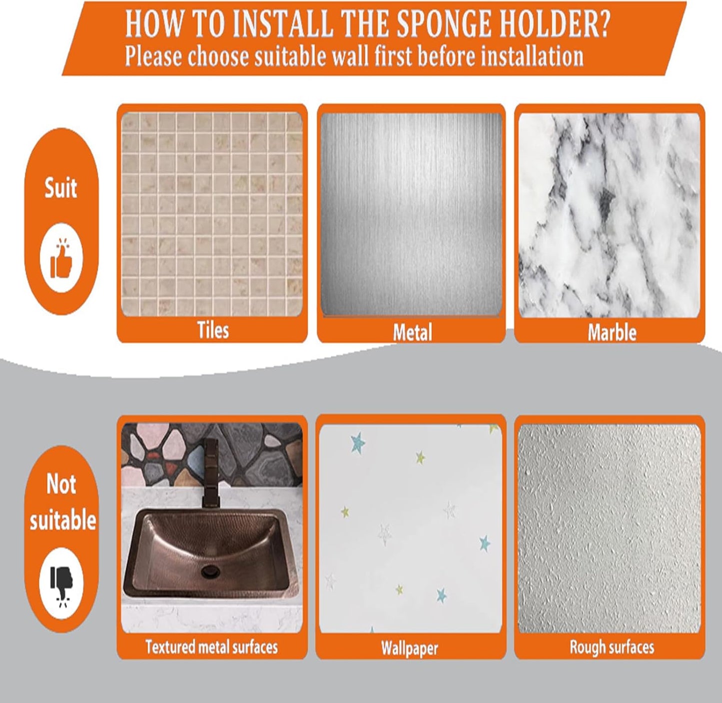MURLONG Sponge Holder - Smiley Face Sink Caddy with 2 Suction Cups & Adhesive Strip | Silver