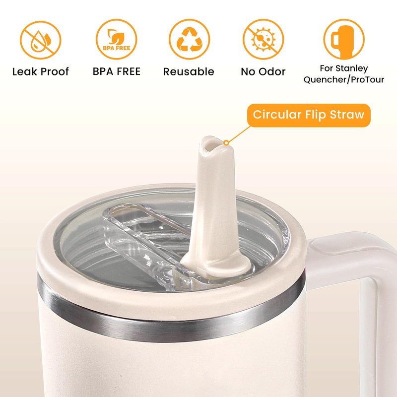 ANTAND 40oz Flip Straw Leak Proof Lid for Stanley H2.0 Quencher Protour Tumbler, 2 Pack Spill Proof Lid Replacement Straw Cover Top for 40 OZ Stanley Cup Accessories (Beige,Black)