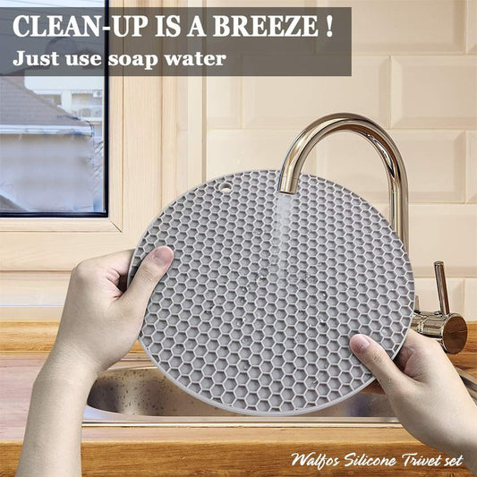Silicone Trivet Mats - Walfos Heat Resistant Pot Holders Set, 4pcs 2 Sizes 7 Inch & 9 Inch, Multipurpose Non-Slip Hot Pads for Hot Pot, Hot Dishers, Jar Opener, Food Grade & BPA Free (Nordic Grey)
