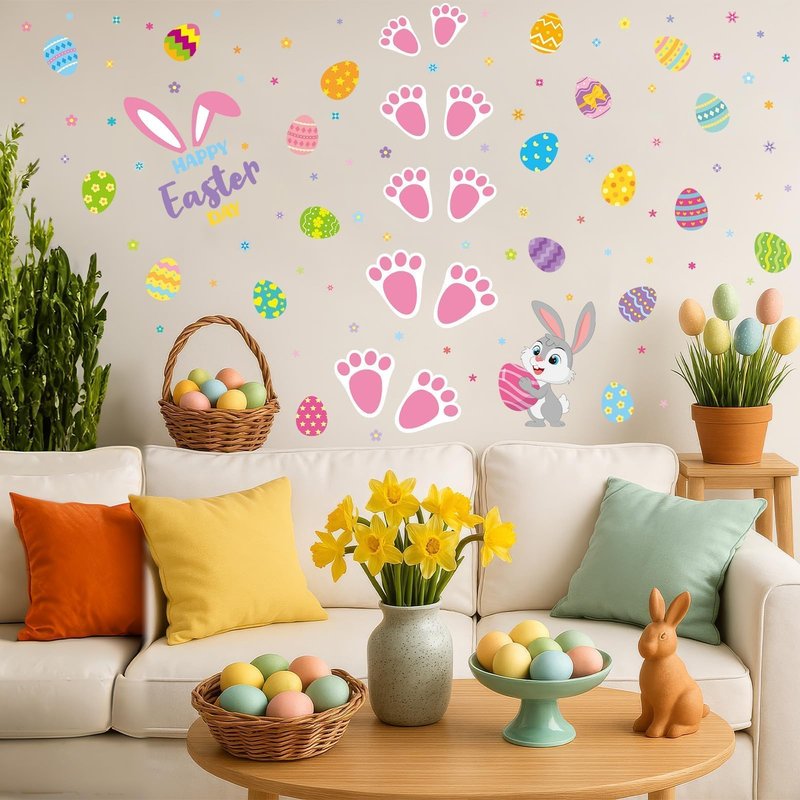 AUGSUN 275PCS Easter Bunny Footprint Stickers Set for Floor, Rabbit Footprints Easter Stickers with Eggs Flower Patterns, 48PCS Bunny Paw Prints for Egg Hunting Holiday Party Window Floor Decoration