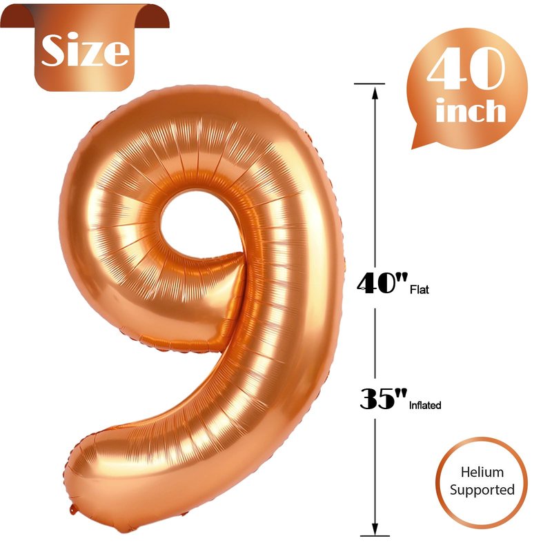Orange Number 9 Balloon 40 Inch, 9th Birthday Party Decorations for Children, Giant 9 Foil Balloon for Party Supplies