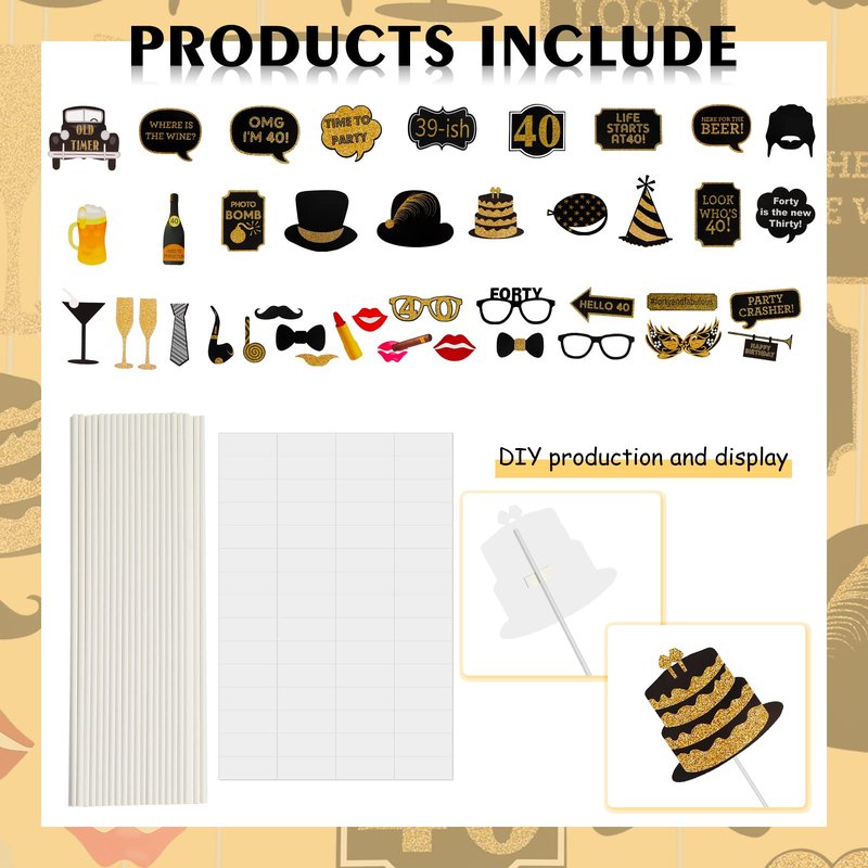 40th Birthday Photo Booth Props - 41 Pcs Black and Gold Decor, Funny Milestone Party Supplies for Men & Women, Retro 1986 Theme Selfie Station Accessories for Surprise Party, 40th Celebration Bash