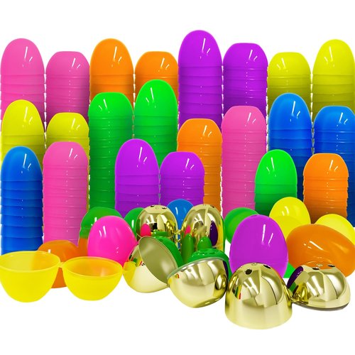 Halystar 100 Pcs Plastic Easter Eggs Bulk (2.3") - Fillable Empty Easter Eggs with 2 Golden Eggs, 6 Bright Colors - Easter Basket Stuffers, Easter Egg Hunt Supplies, Party Favors for Kids Toddlers