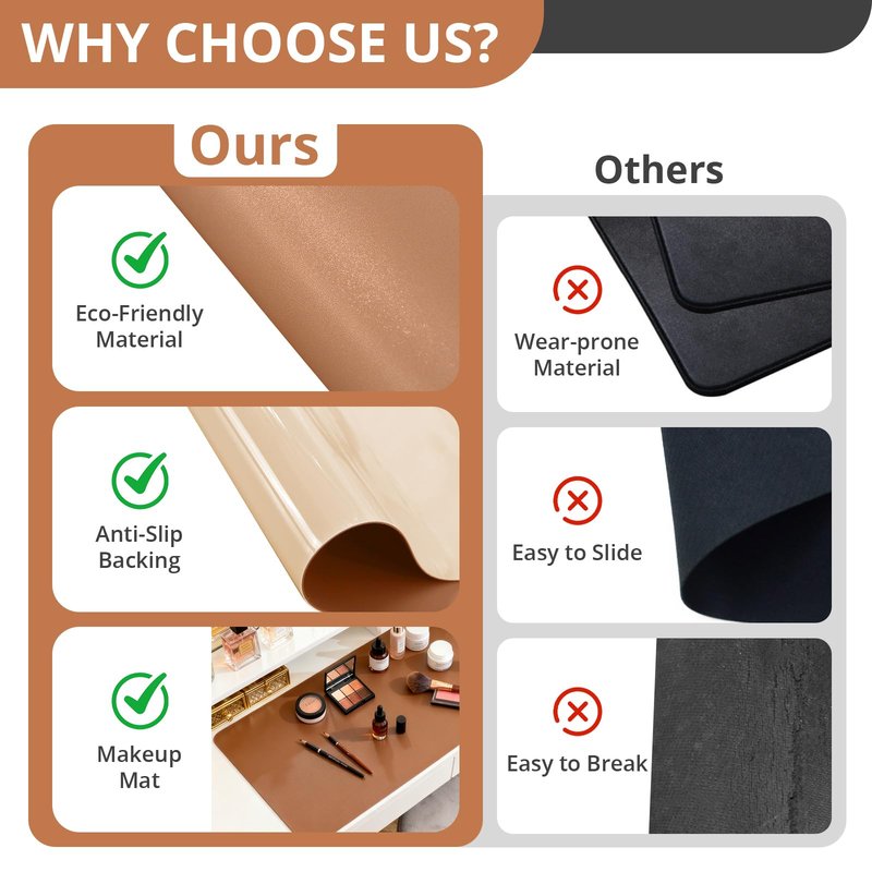 LovePads Makeup Mat for Vanity, 14 x 24 Dual-Sided Desk Pad & Vanity Cover Top, Waterproof PVC Protector Mat for Dresser, Nail Art, Craft Table (Brown+Beige)