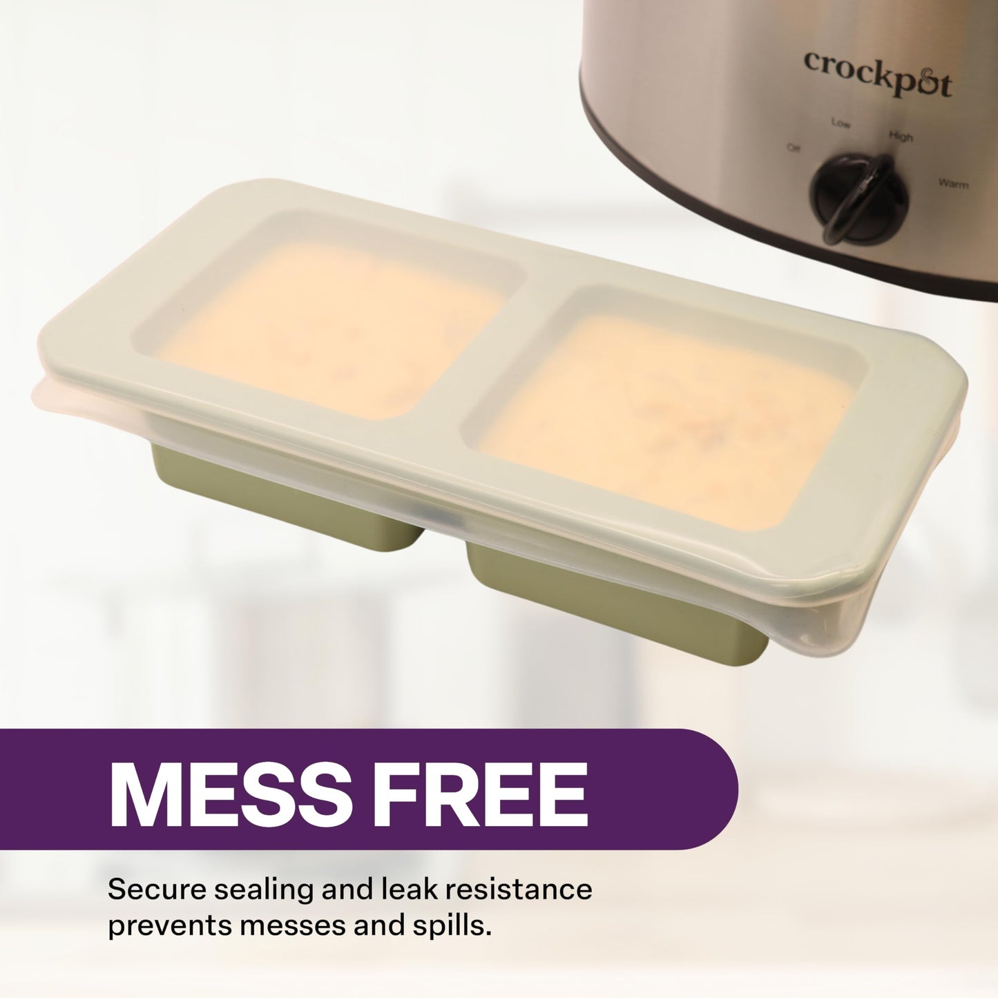 Silicone Freezer Tray with Clear Lid, 2 Compartments with 2 Cup Capacity Each, Large Ice Cube Molds, Microwave and Dishwasher Safe, for Freezing Soup, Sauce, Broth, etc. Sage Green