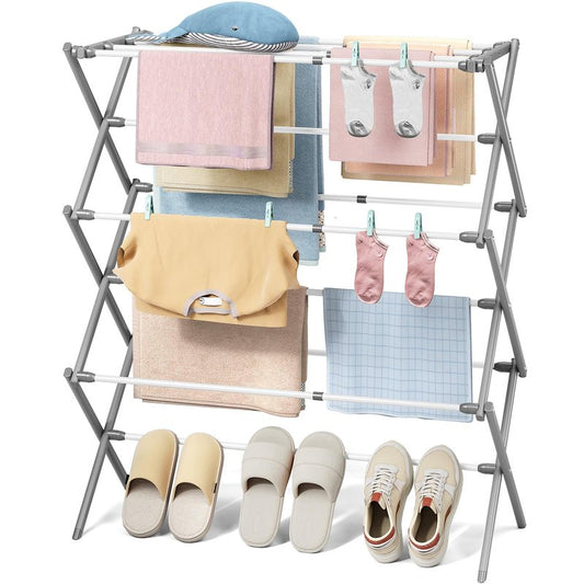 KINGBOARD Clothes Drying Rack, Collapsible Drying Rack Clothing with 11 Poles, 3-Tier Laundry Drying Rack, Small Clothes Drying Rack Foldable for Baby Clothes, 25lb Capacity, White & Grey