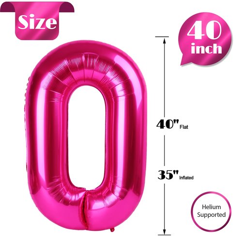 Hot Pink Number 0 Balloon 40 Inch, 0 Balloon Number for 10th 20th 30th 40th 50th 60th Birthday Decorations, Hot Pink Party Supplies