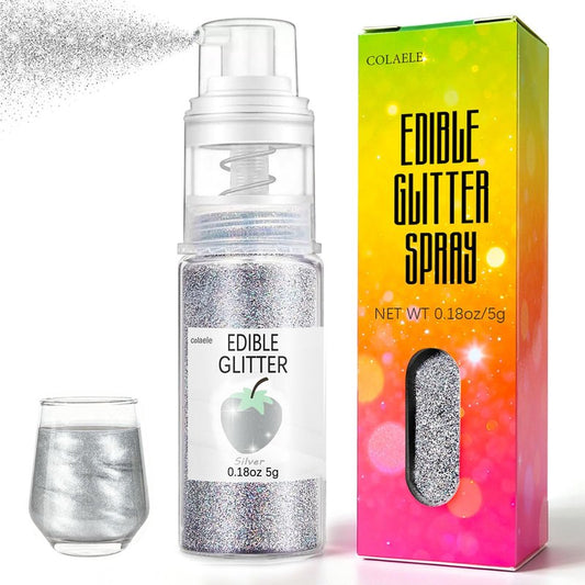 Silver Edible Glitter Spray for Cakes Drinks - Colaele 5 Grams Shimmer Luster Dust Food Grade Metallic Sprinkle Decorating for Cake Decorating, Cookies Baking, Chocolate, Strawberries, Vegan