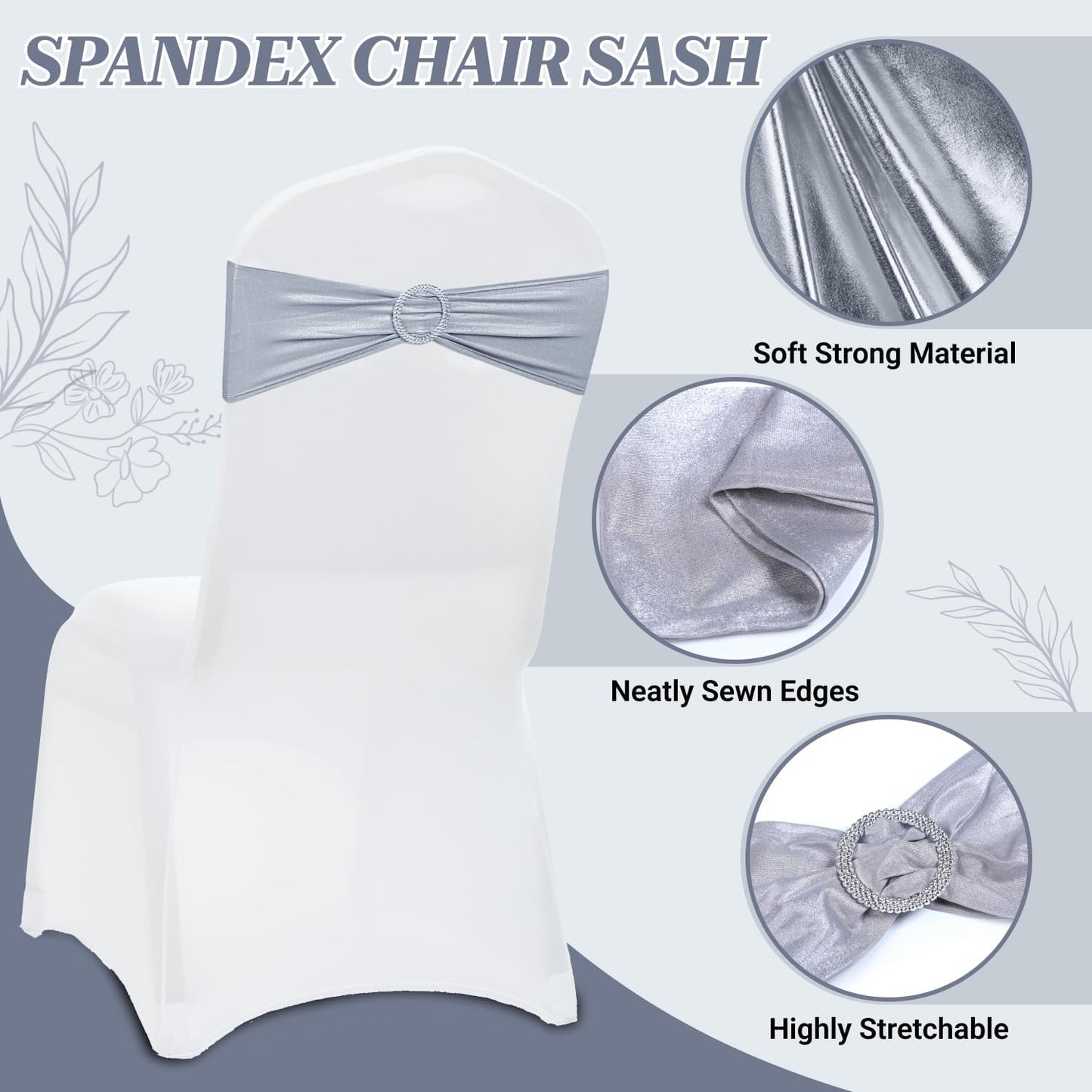 MDS Spandex Foil Chair Sashes - Universal Fit Elastic Stretch Bands with Buckle for Weddings | Metallic Silver - Pack of 10