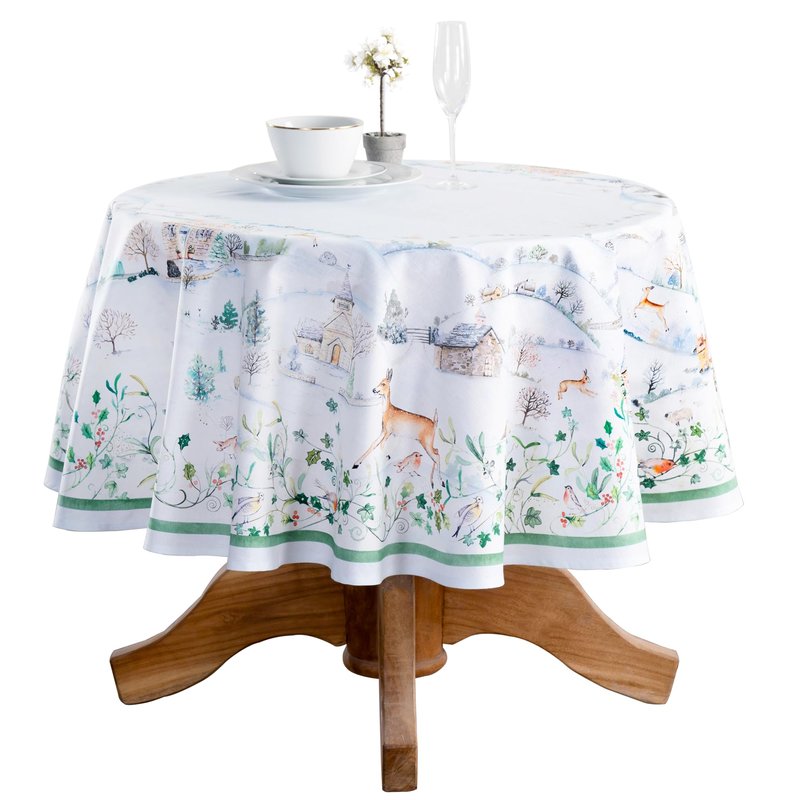 Maison d' Hermine Table Cloth Round Table 100% Cotton 69 Inches Fall Tablecloth Reusable Everyday Use for Thanksgiving Christmas Decorations Dining Farmhouse Party (Snowy World)