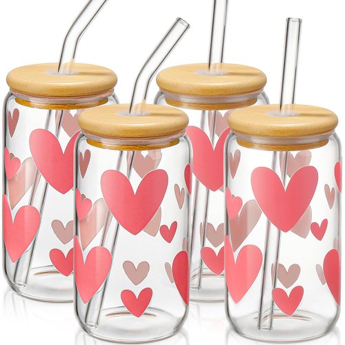 DWTS DANWEITESI Glass Cups with Lids and Straws with Design Pink Hearts 4 pcs,Clear Glass Cups 16 oz-Glass Tumbler,Cute Glass Iced Coffee Cups with Lids and Straws