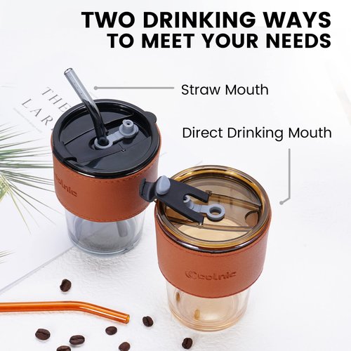Colnic Iced Coffee Cup, 15 oz Glass Cups With Lids And Straws, Iced Coffee Glasses Tumbler, Thick Wall Mug For Tea Water With 2 Straw And Leather Sleeve, Glass Tumbler Gifts