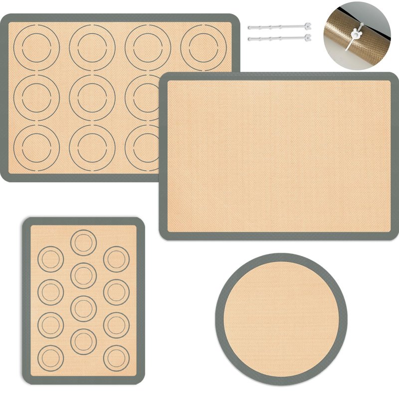 Silicone Baking Mat Set of 4, Nonstick Reusable Macaron Silicone Baking Mat & Round Pizza Mat, Cookie Baking Supplies for Macaroons, Pastry, Pizza, Gray