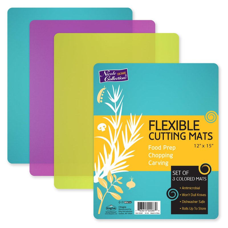 Nicole Home Collection Flexible Cutting Mats Set of 3 - BPA-Free Plastic Color-Coded Kitchen Chopping Boards, 12"x15", Durable Non-Slip Mats for Meat, Veggies, Fruits