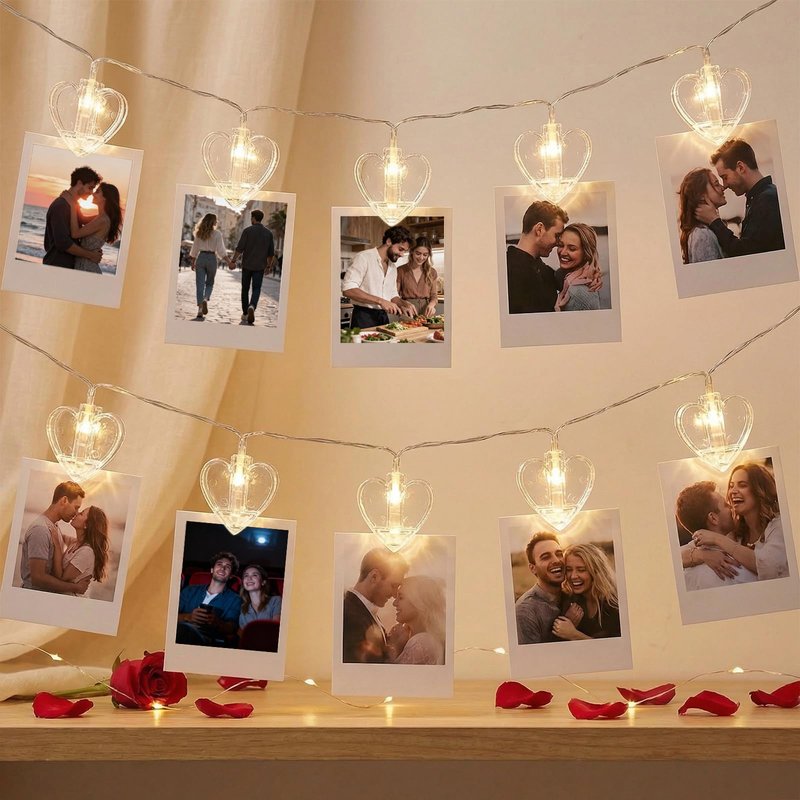 20 Photo String with Clips for Hanging Pictures,9.85Ft Clear Photo Clip Lights for Indoor/Outdoor Wall Bedroom Wedding Birthday Party Home Decorations (Heart)
