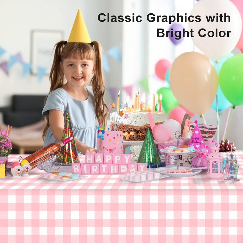 LIKAJON 2 Pack Pink and White Checkered Tablecloth, Pink Plastic Table Cloths for Parties Disposable, 54x108 in Waterproof Rectangular Pink Gingham Camping Tablecloth for Birthday, Party, Baby Shower
