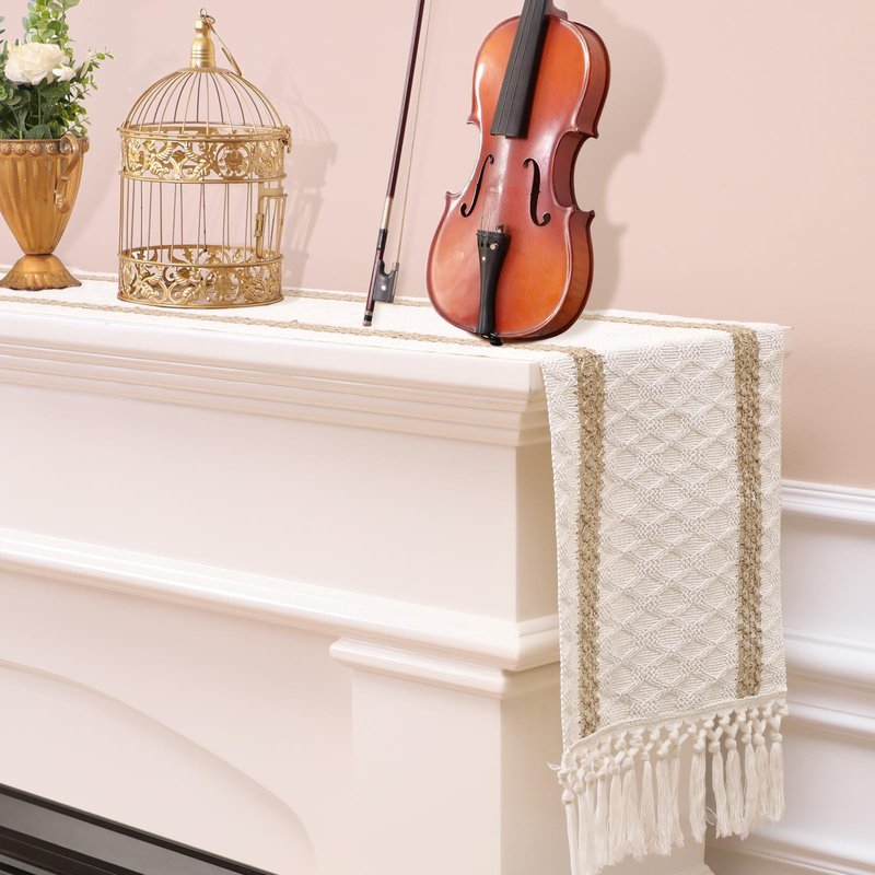 OTOSTAR Boho Table Runner with Tassels 108 Inches Long Farmhouse Rustic Table Runner Macrame Burlap Table Decoration for Home Decor Living Room Bridal Shower, Double Striped (12x108 Inches)
